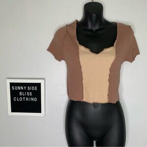 PacSun Two Tone Brown Cream Colorblock Ribbed Crop Top Size Medium Cute